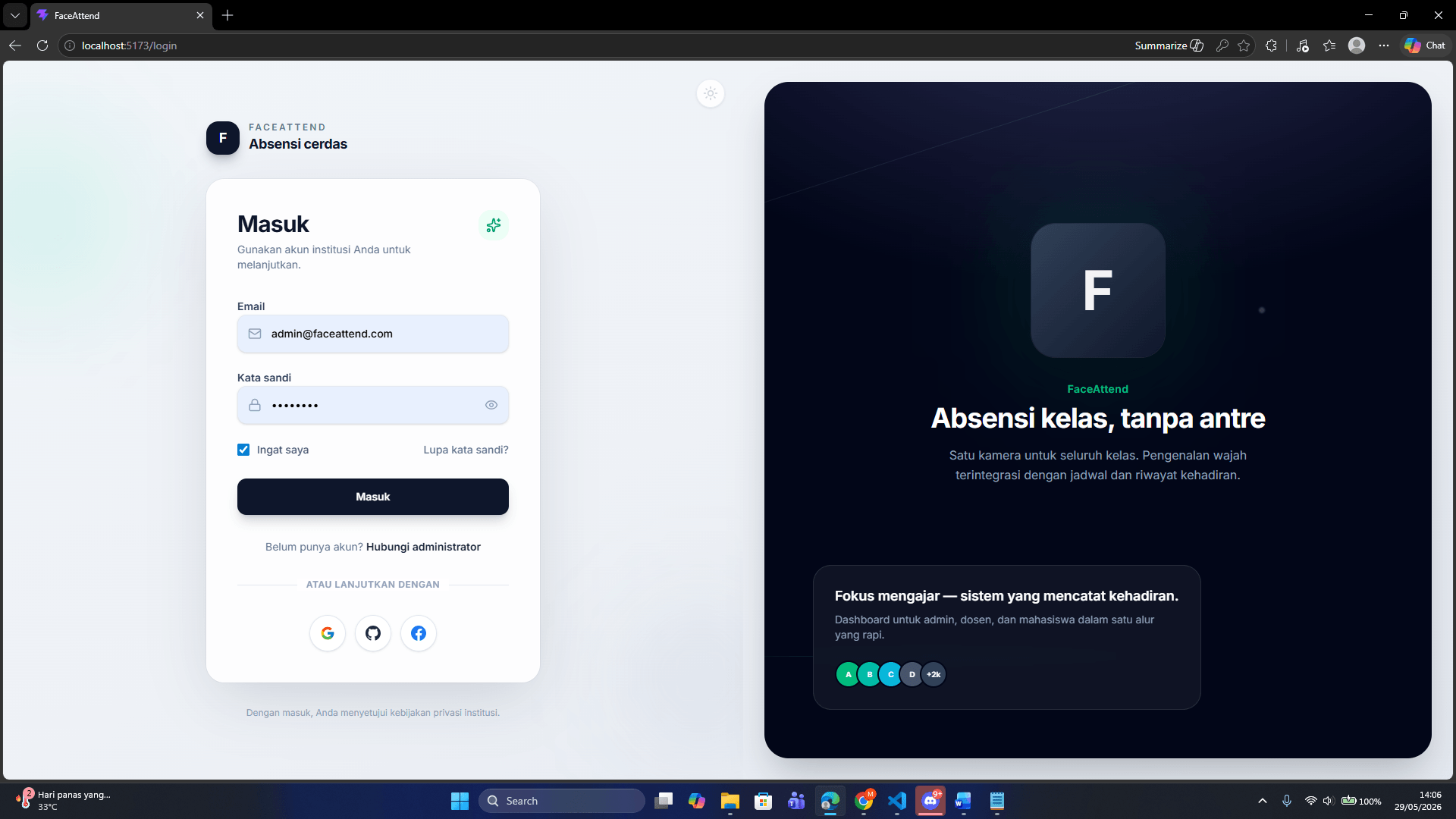 FaceAttend application screen 1
